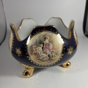 Limoge‎ Design Cobalt Blue Hand Painted Porcelain Decorative Footed Bowl 6" Vtg